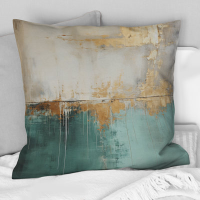 Minimalism Gold And Teal Horizon - Abstract Painting Printed Throw Pillow