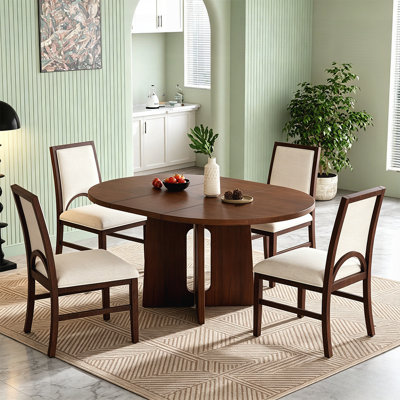 Solid Wood Round Dining Table Set for 4, Extendable with 16-inch Leaf and Upholstered Chairs for Comfortable Dining