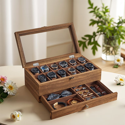 12-Slot Watch Box, 2-Tier Watch Display Case With Large Glass Lid, Rustic Walnut
