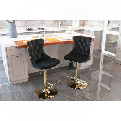 Tabourets de bar dorés pivotants dorés à hauteur réglable de 25 à 33 pouces, tabourets de bar rembourrés modernes avec dossier capitonné confortable pour un pub à domicile et un îlot de cuisine (noir, ensemble de 2)
