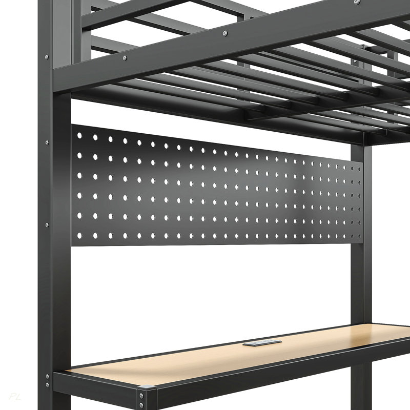 Lit mezzanine double avec tablettes de rangement et bureau, lit mezzanine en métal avec ports USB, lumières et tringle, conception de planches