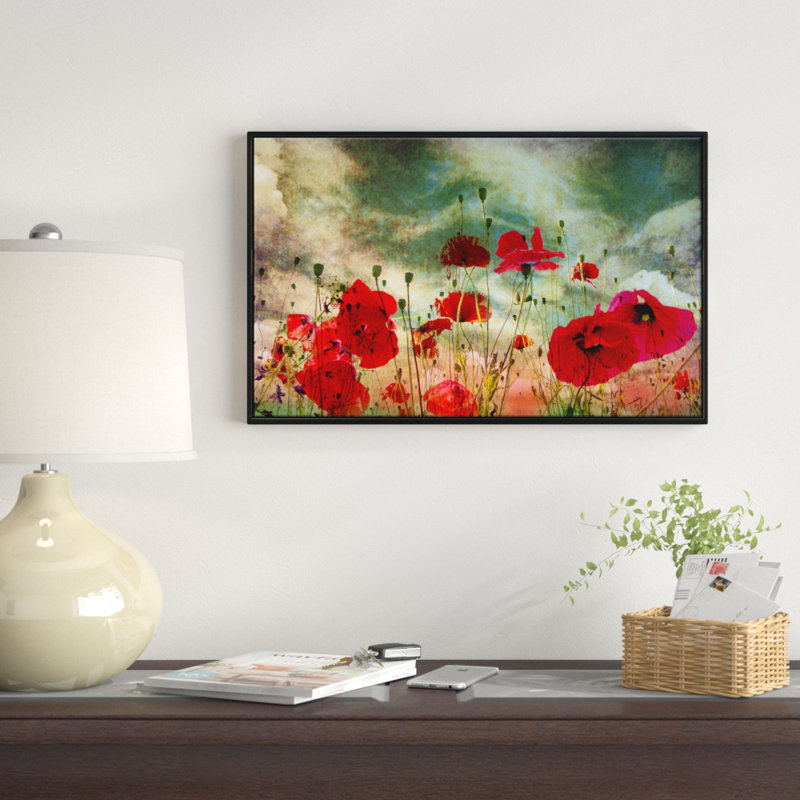Wild Wild Poppy Flowers in Sky - Art mural floral en bois, H 12 po x l 20 po x P 1 po, Toile avec cadre flottant