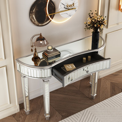 Console 47 po en demi-cercle avec miroir en verre cannelé et tiroir en cristal, gris et argent, influence Mid-Century, pieds solides, bureau et style de coffre-fort, construction, bords