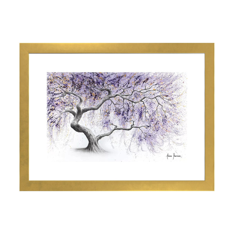 «Purple Prosperity Tree» par Ashvin Harrison - impression, H 24 po x l 32 po x P 1 po, Papier encadré doré, Blanc