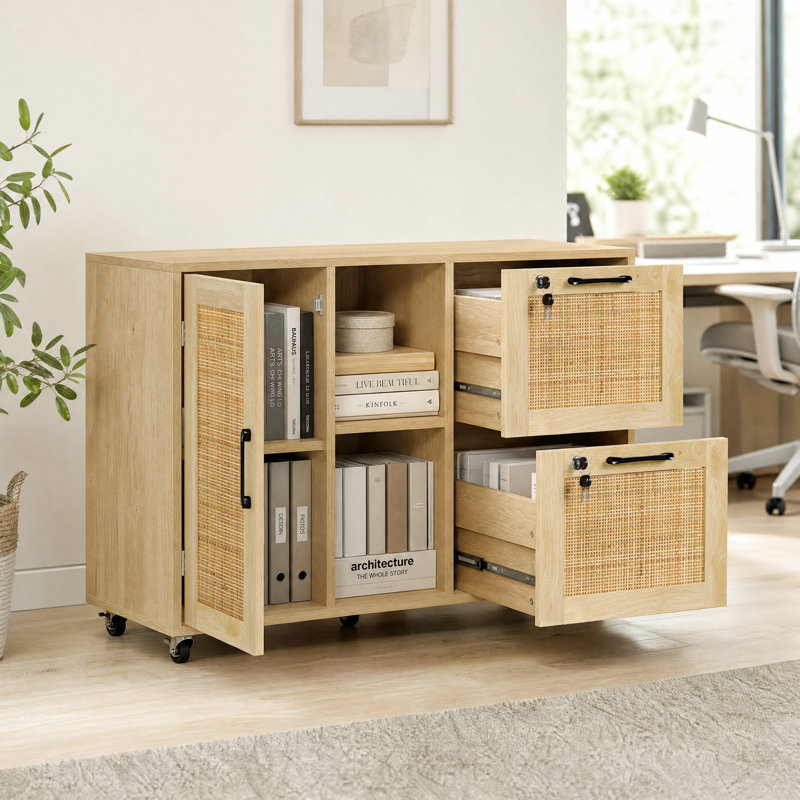 37.4"W Rattan Filing Cabinet With Lockable Drawers & Wheels And Adjustable Hanging Bars
