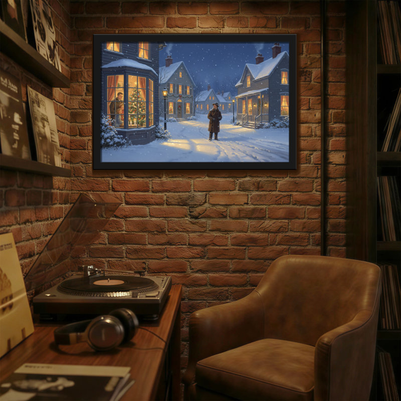 Scène de rue de Noël, nuit d'hiver, neige et lumières, H 12 po x l 18 po