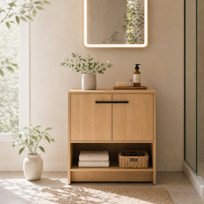36 Inch Freestanding Bathroom Vanity Base with Open Shelf, Oak Finish Plywood Storage Cabinet, Modern Vanity for Bathroom, Powder Room (Sink Not Included)
