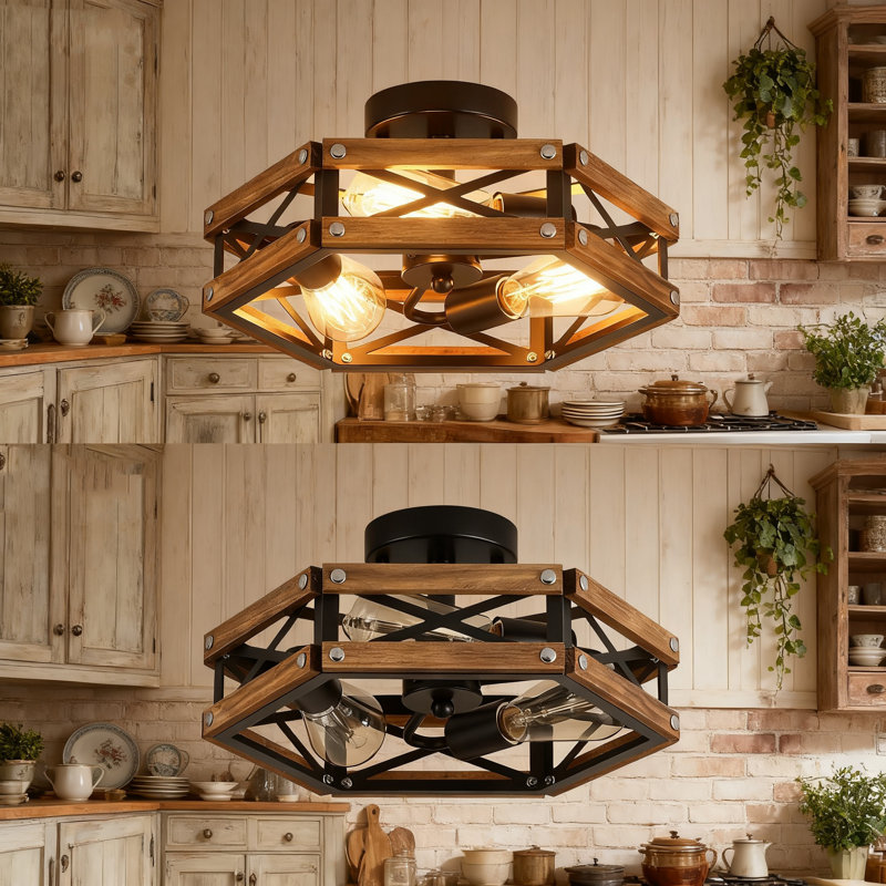 Plafonnier encastré Rustic Farmhouse, cage semi-encastrée en bois et métal à 3 lumières pour couloir, entrée, chambre à coucher, cuisine