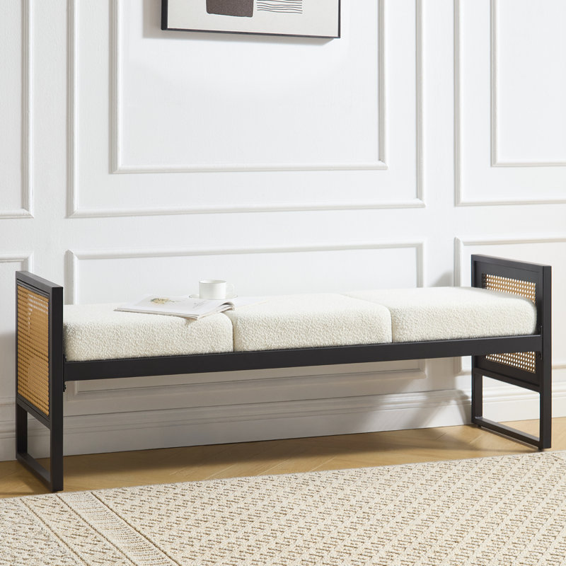Banc rembourré 56,7 po avec accoudoirs décoratifs en rotin PE Boucle, Blanc