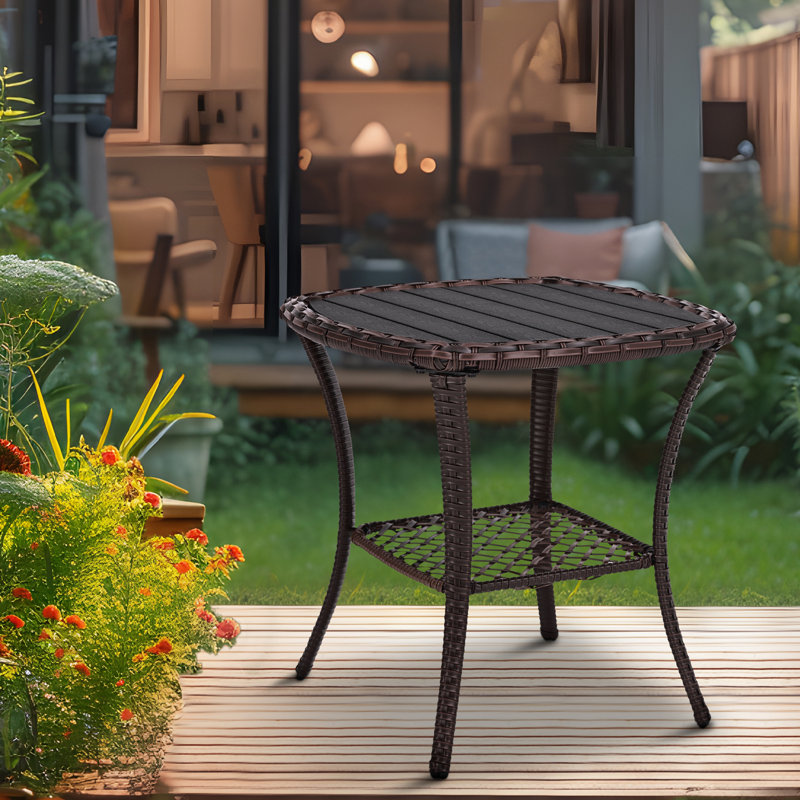 Outdoor Patio Side Table Small Brown Wicker Rattan End Table For Outside Storage Coffee Table With Poly Lumber Table Top For Garden Lawn Pool Porch Deck