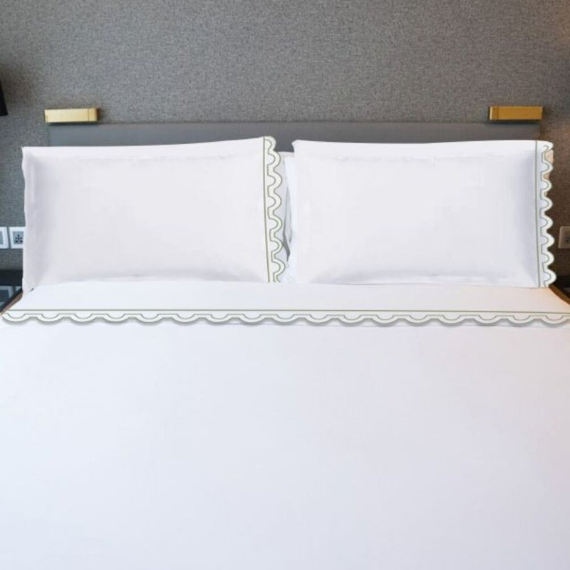 400TC U Shape Scallop Embroidery Cotton 4 Piece Sheet Set Fitted Sheet Fits Upto 16" Deep Pocket, Sage Border