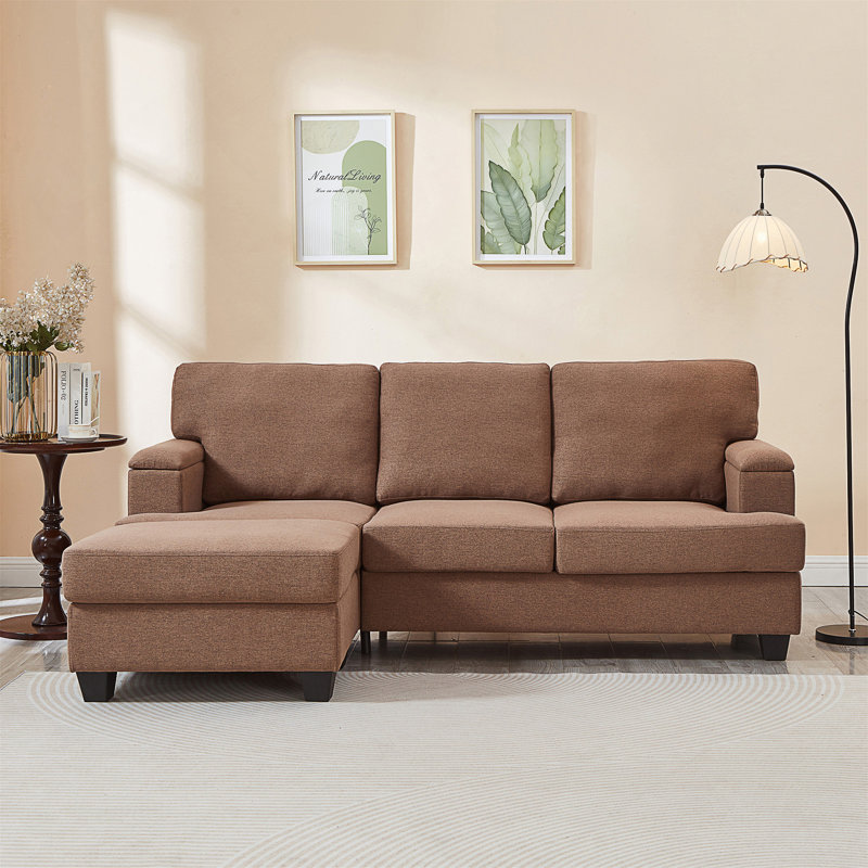 86'' L Shaped Couch with Movable Ottoman, Brown Linen