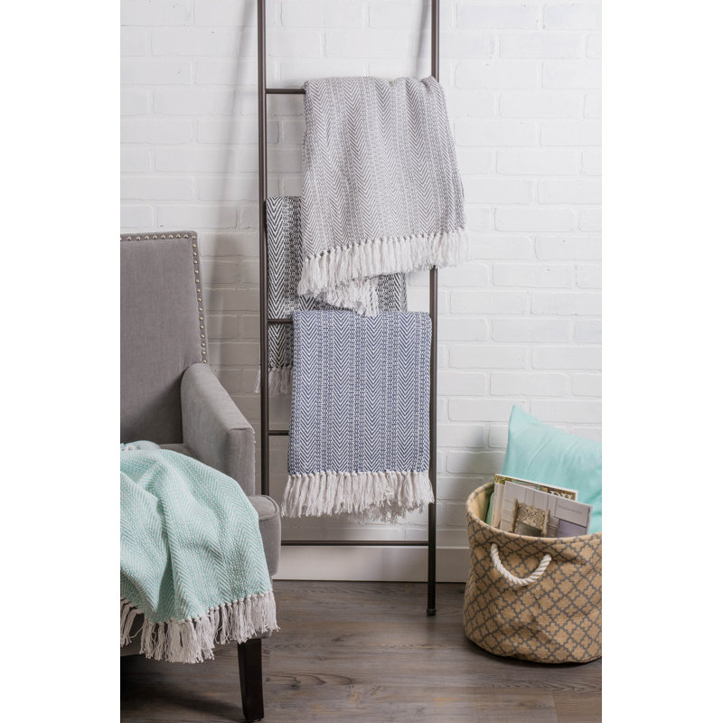 Nautical Blue Herringbone Cotton Throw Blanket with Fringe