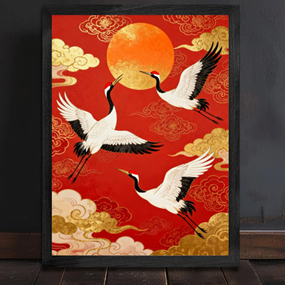 «Black Cranes Vintage Cranes» déploient leurs ailes et volent - longévité et bon augure, reproduction d'art encadrée de style rétro