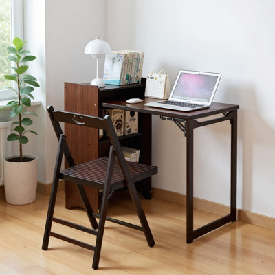 Bamboo Folding Desk with Built-in Outlets - Space Saving Computer Desk with Charging Station, Multi-Functional Foldable Table for Home Office, Bedroom and Small Spaces