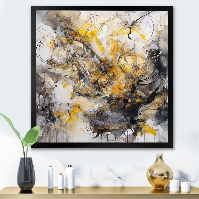 «Yellow Grey Marble Symphony II», art mural abstrait sur toile, H 30 po x l 30 po x P 1 po, Cadre simple noir