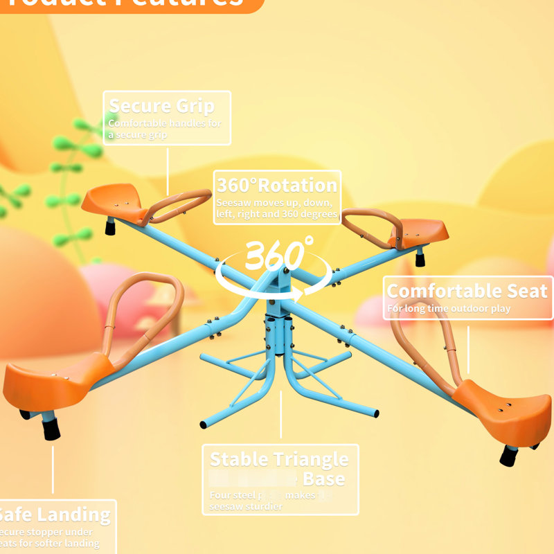 Balançoire à bascule pour aire de jeux extérieure, 4 sièges confortables, structure en fer robuste, amélioration de la capacité de coordination, balançoire pour la cour arrière, bascule de siège pivotante, acier inoxydable, engagement actif