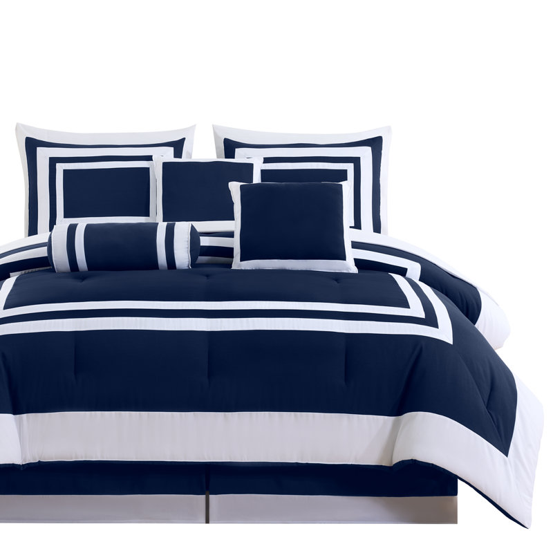 Hotel Style 7 Piece Comforter Set, King Comforter + 6 Additional Pieces, Navy/White