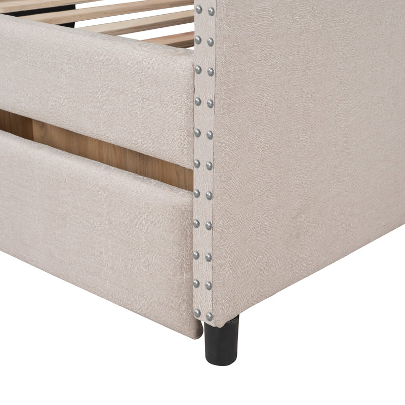 Lit de jour rembourré avec deux tiroirs, support en lattes de bois, beige, double, Beige