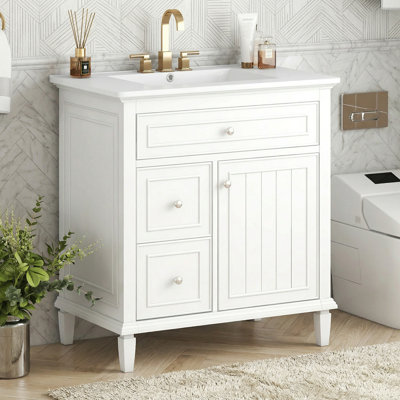 30" Modern Bathroom Vanity With Ceramic Sink, Solid Wood Cabinet, 3-drawer Storage Unit With Flip Tray & Adjustable Shelf, Space-saving Vanity Set For Bathroom