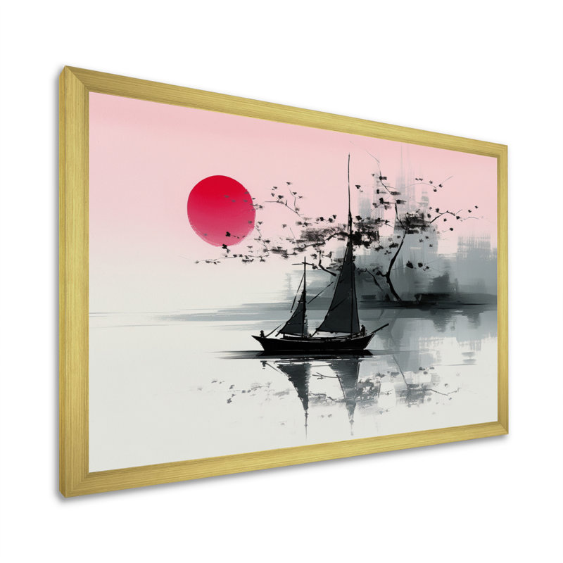 Art asiatique, voilier Sumi I - impression, Encadrement doré, H 16 po x l 32 po x P 1 po
