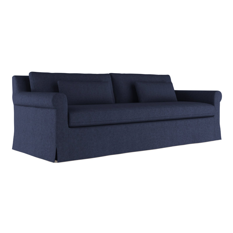 Canapé Ludlow, Velours moelleux imprimé bleu, H 34 po x l 120 po x P 38 po, Patiné