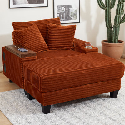 Fluffy Corduroy Storage Armrest Sofa,Single Versatile Seat with Ottoman,Cup Holder,Bluetooth Speaker,USB Ports,180°Rotating Table Board,For Living Room,Bedroom and Apartment