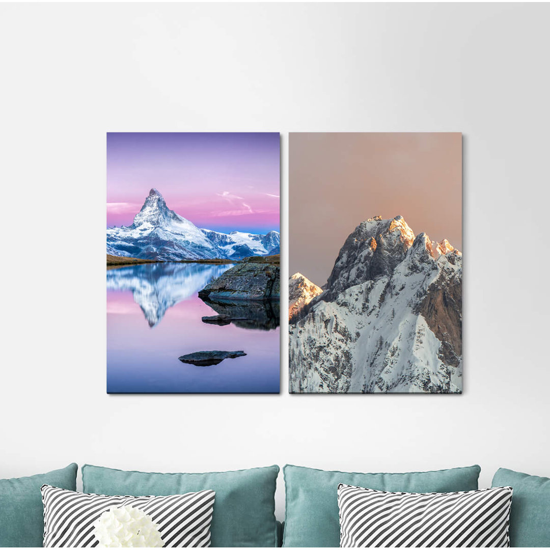 2-tlg. Leinwandbilder-Set - Fotografie "Matterhorn-Schnee-Gipfel See-Sonnenstrahlen-himmlischer Frieden"