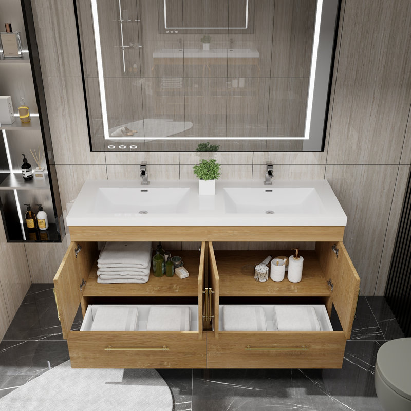 Meuble-lavabo double autoportant 59 po avec plateau en acrylique Carliss, Chêne