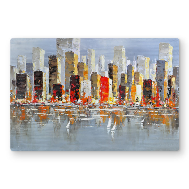 Gray Building Metal Print | Colorful Water Reflection Decor