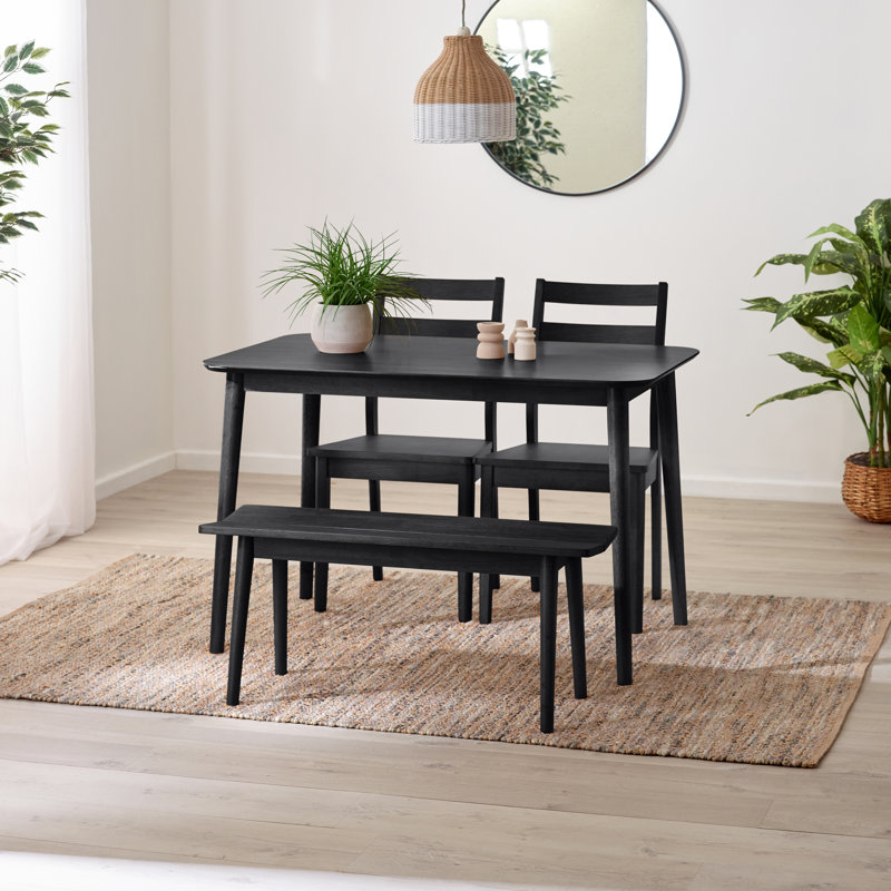 Rubberwood Solid Wood Dining Set, 74.5" H x 118" W x 77" D, Black, 4 Pieces: Table, Bench, 2 Chairs