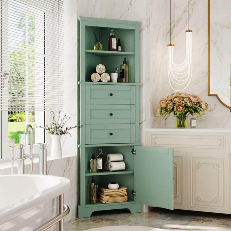 Triangle Tall Cabinet With 3 Drawers And Adjustable Shelves For Bathroom, Kitchen Or Living Room, MDF Board With Painted Finish