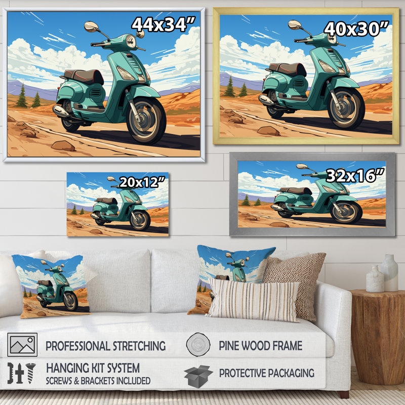 Scooter Retro In Desert Landscape, reproduction d'art sur toile, H 24 po x l 32 po, Cadre flottant noir