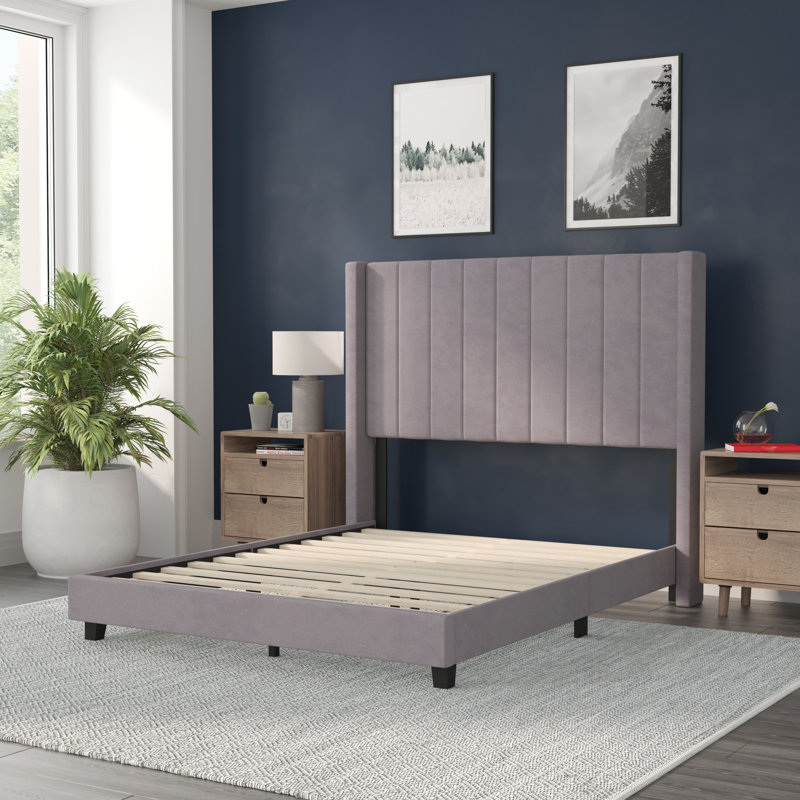 Upholstered Platform Bed with Vertical Stitched Wingback Headboard, Slatted Mattress Foundation, Full / Double, Gray