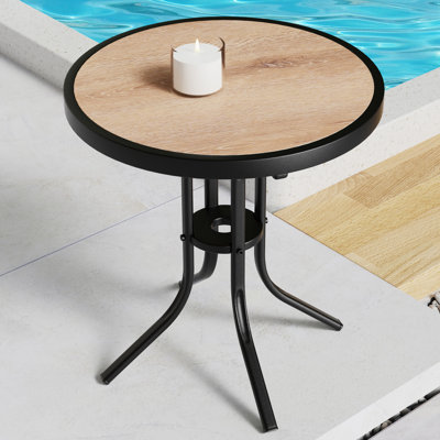 Round Patio Table, Outdoor Faux Wood-grain Tabletop