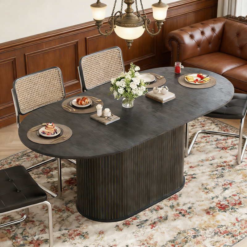 55.11"-70.86" Extendable Dining Table, With Striped Legs For Living Room & Kitchen, Black