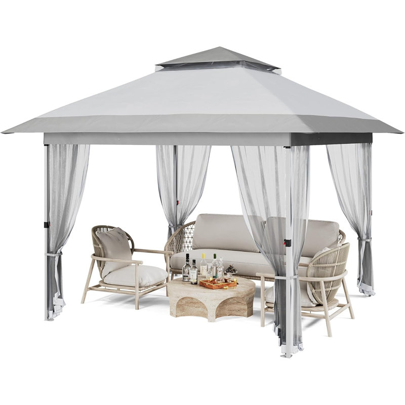 Outdoor Gazebo Pop-Up Canopy Tent With Curtains, Mosquito Netting & 2-Tiered Vented Top, 144 Sq Ft Shelter For Patio & Backyard Party