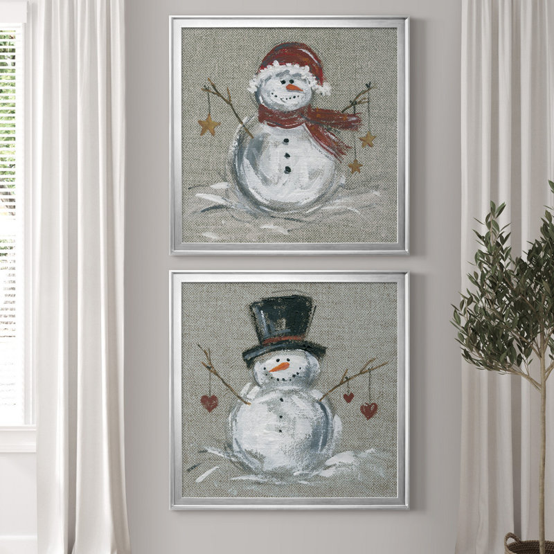 Lin bonhomme de neige I - ensemble de 2 reproductions d'art encadrées, Toile avec cadre argenté, Pas de tapis