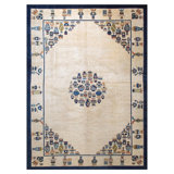 1920s Ivory Vase Medallion Antique Chinese Peking Knotted Wool Carpet Rug
