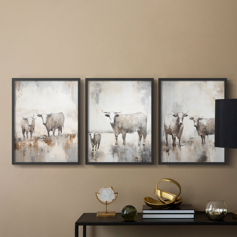 Série de bovins XCVI - Ensemble de 3 estampes numériques encadrées - Prêt à être accroché, Black Framed, H 14 po x l 11 po