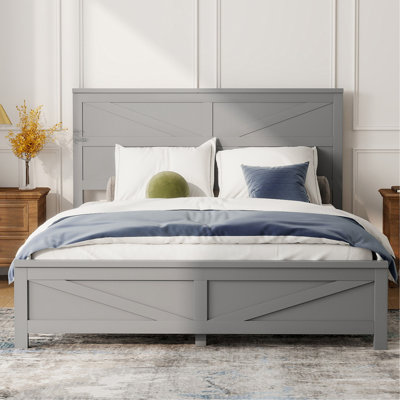 Tête de lit et pied de lit de style campagnard grand avec porte de grange de style campagnard, lit en bois de pin avec cadre de lit renforcé, gris