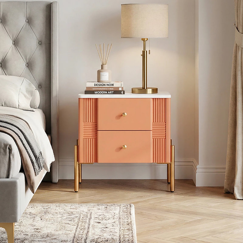 Table de chevet moderne avec 2 tiroirs de rangement, table de chevet en bois cannelée avec pieds en métal, Orange