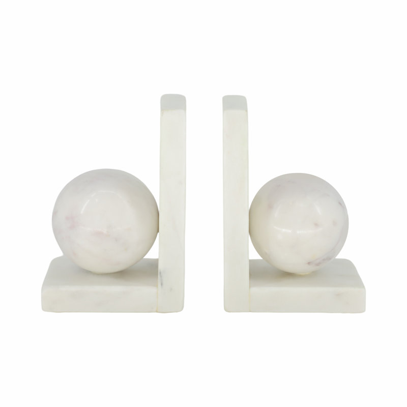 Set Of 2 6" Marble Bookend With 3" Orb, White