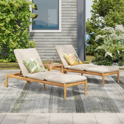 Chaise longue d'extérieur avec roulettes, structure en bois d'acacia (ensemble de 2)