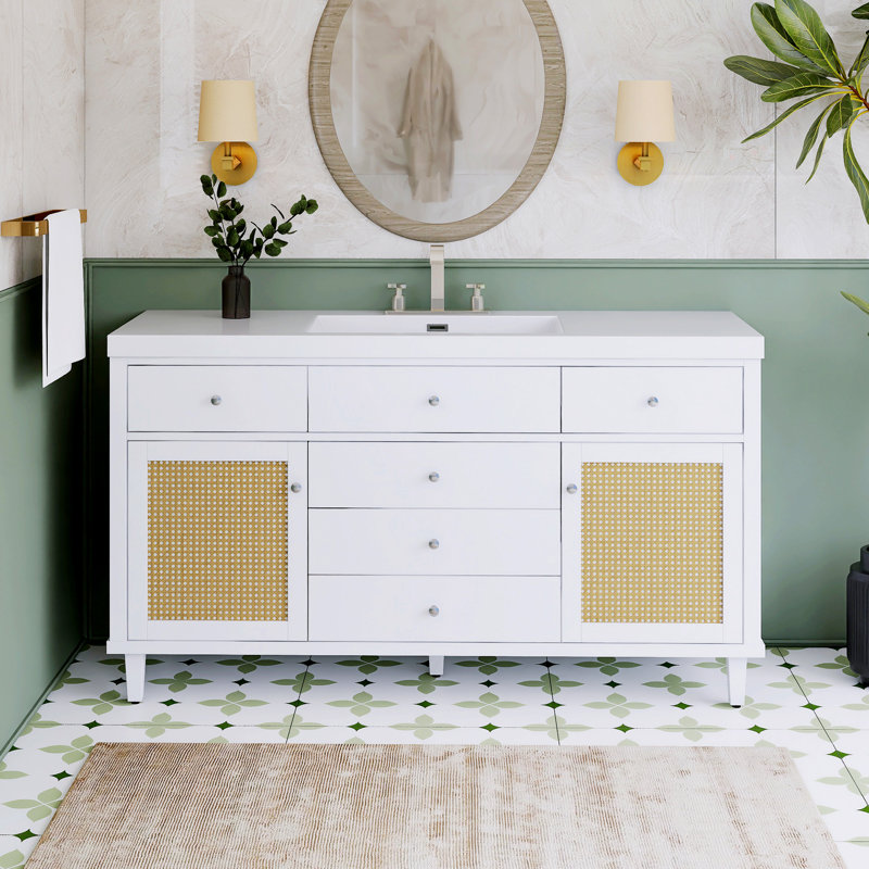 Ensemble de meuble-lavabo autoportant 60 po avec plateau en résine 60 po, Blanc