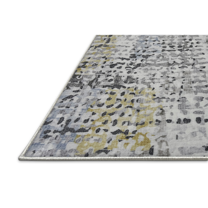 Tapis rectangulaire jaune / blanc en polyester tissé à la machine Cangelosi, Rectangle 2 pi x 4 pi