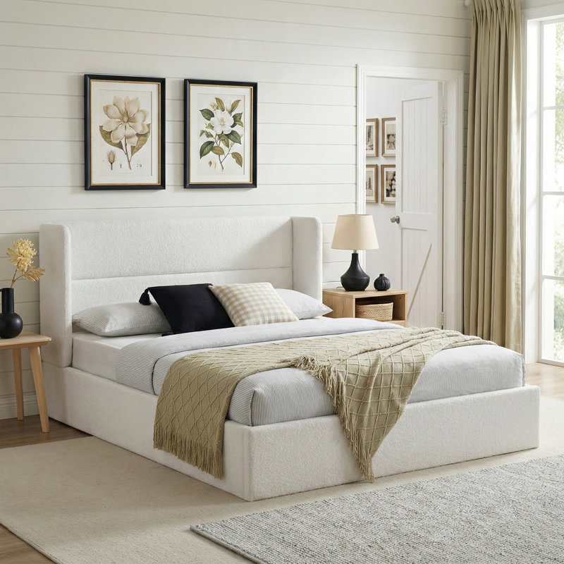 Lit plateforme tapissier avec rangement Gaillarde, Grand, Blanc