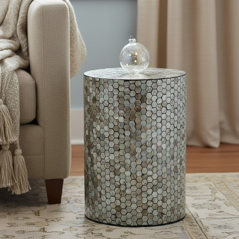 Mother Of Pearl Shell Geometric Mosaic Accent Table Modern Side End Table