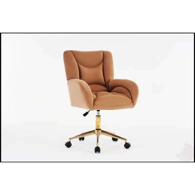 Fauteuil de bureau pivotant en velours 360 avec base en métal doré et roues universelles, café, confortable et élégant