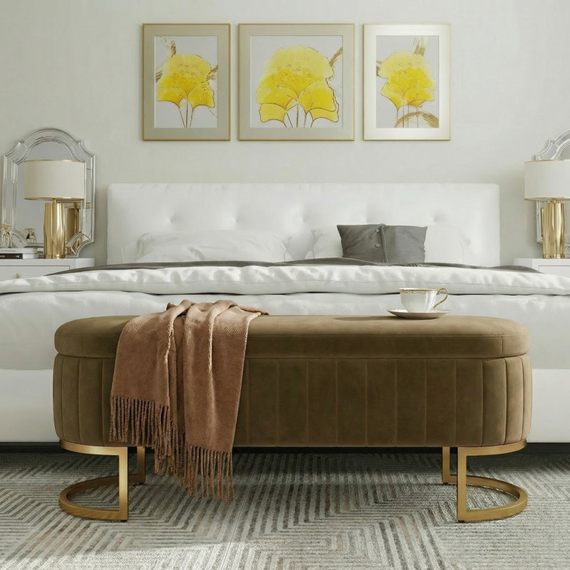 Banc coffre ottoman capitonné en velours de 130 cm avec couvercle rabattable et pieds en métal doré, Café